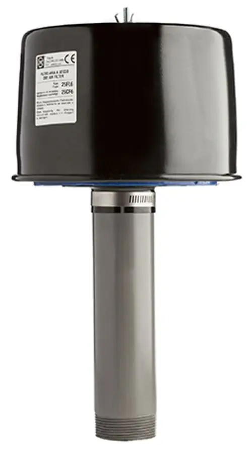 Ansaugfilter von Grünbeck mit schwarzem Gehäuse und silbernem Rohr. Das Produkt ist für die Verwendung mit einem Gebläse konzipiert.